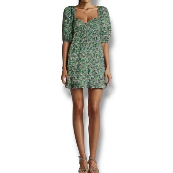 For Love & Lemons Size XS Puff Sleeve Milkmaid Dress Blue Green Floral Open Back - Picture 1 of 9